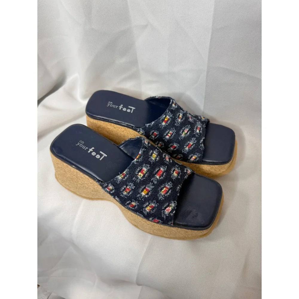 On‎ Your Feet Denim Embroidered Cork Platform Wedge Slide Sandals 7.5M
